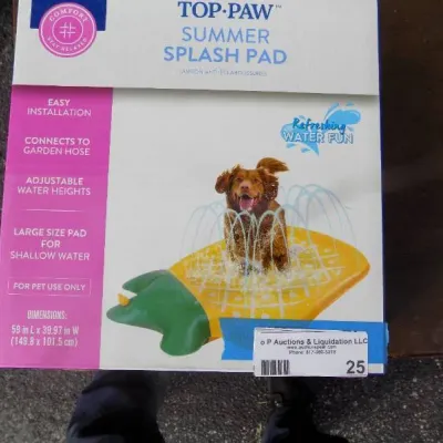 Top Paw Summer Splash Pad in original box, designed for pet use with garden hose connection.