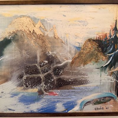 Framed mid-century abstract mountain landscape painting with heavy impasto and textured mixed-media elements, signed K. Krebs and dated...