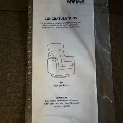 IMG Norway RM Motorized Relaxer assembly instructions booklet enclosed in a clear plastic bag.
