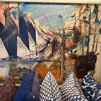 Large mid-century abstract impasto painting on canvas in a simple white frame, depicting a harbor or sailboat scene.