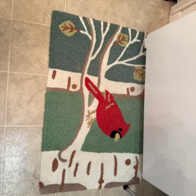 Sale Photo Thumbnail #65: Hooked accent rug depicting a cardinal perched on a birch tree branch with autumn leaves.
