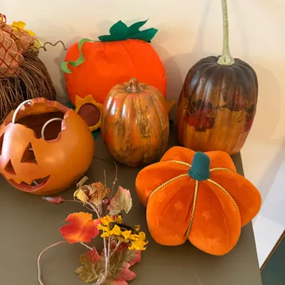 Sale Photo Thumbnail #36: Collection of autumn and Halloween decorations, including ceramic, plush, and resin pumpkins alongside a floral pick.