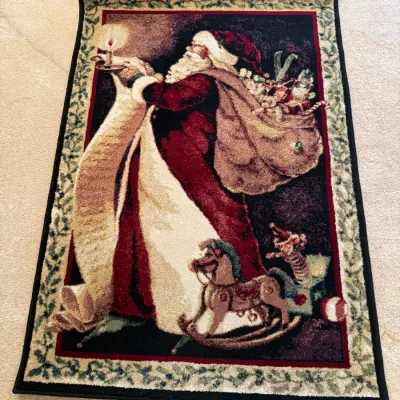 Sale Photo Thumbnail #58: Festive Santa Claus area rug depicting Santa holding a candle and list, surrounded by vintage-style toys.