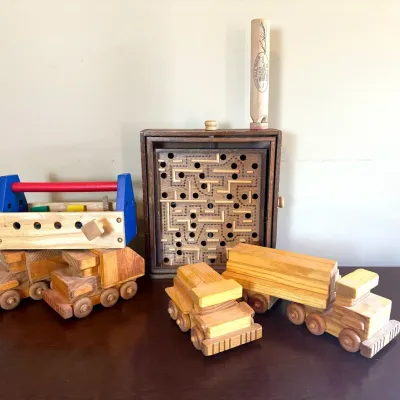 Vintage Wooden Toy Trucks, Labyrinth Maze, Melissa & Doug Tool Kit & Autographed Boxcar Willie Train