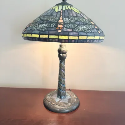 Tiffany-Style Dragonfly Stained Glass Lamp with Mosaic Base - 23”