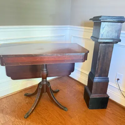 Vintage Pedestal Drop-Leaf Table & Wooden Architectural Column – Restoration Projects