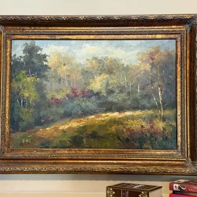 Striking Original Impasto Woodland Landscape Oil Painting Signed TEC in Ornate Gilt Frame