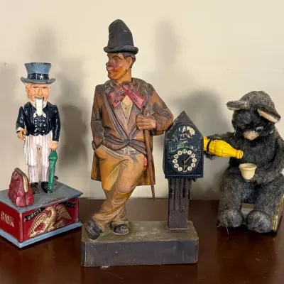 Vintage Mechanical Collectibles—ALPS Picnic Bear, Uncle Sam Bank & German Whistler Clock