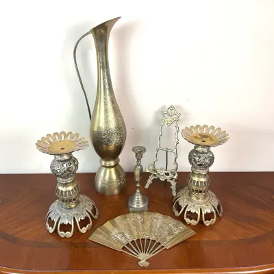 Vintage Brass & Gold-Tone Decorative Collection – Ornate Candleholders, Engraved Ewer & Fan