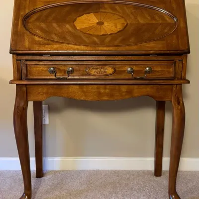 Traditional Cherry Finish Drop-Front Secretary Writing Desk with Inlaid Sunburst Design