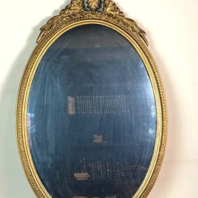  Vintage Ornate Gold Gilt Oval Wall Mirror with Decorative Floral Crest