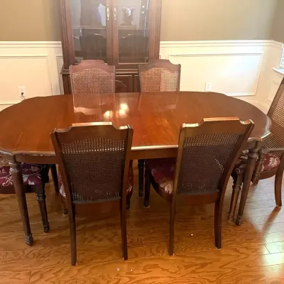 Vintage American Made Dining Table with Six Cane Back Chairs – Lenoir Chair Company