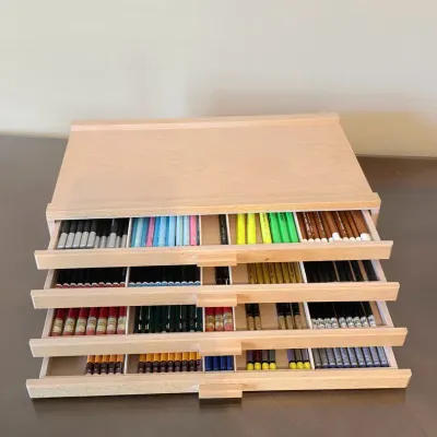 Premium Pencil Collection – Tombow, Mitsubishi, Caran d’Ache, Staedtler & 4-Drawer Wood Cabinet