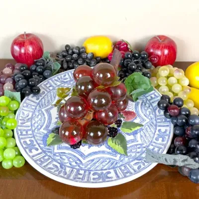 Vintage Lucite Grape Cluster Sculpture on Driftwood with Gien France Platter & Faux Fruit