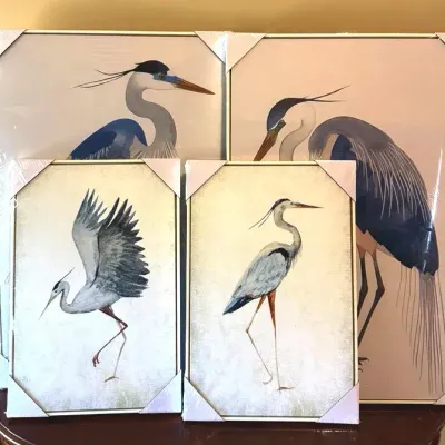 Elegant Coastal Blue Heron Framed Wall Art Collection – Set of 4