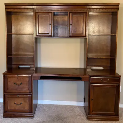 Traditional Cherry Finish Executive Computer Desk with Hutch, Bookshelves & File Drawers