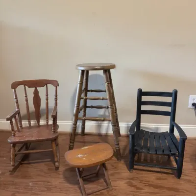 Vintage Child’s Wooden Rocking Chairs, 34” Bar Stool & Nevro Folding Stool – 4 Pieces