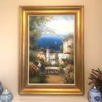 Large Signed Antonio Mediterranean Coastal Oil Painting – 34” x 47”