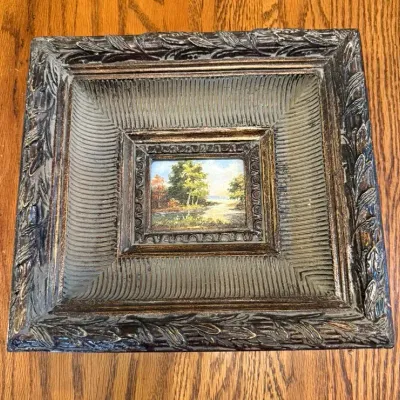 Vintage Miniature Landscape Oil-Style Painting in Ornate Frame – 10.5"