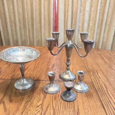 Vintage Silver Tableware – 5-Light Candelabra, Weighted Sterling Candlesticks & Compote