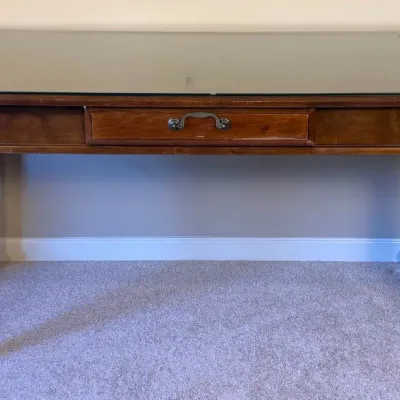 Traditional Cherry Finish Writing Desk with Glass Top, Turned Legs & Center Drawer