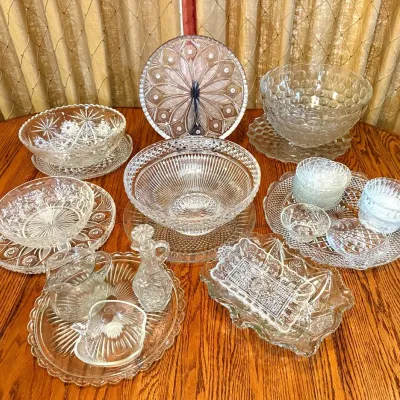Vintage Clear Pressed Glass Serving Bowls, Platters & Tableware Collection