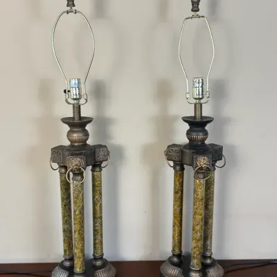 Pair of Neoclassical Column Table Lamps with Lion Head Ring Accents & Shades
