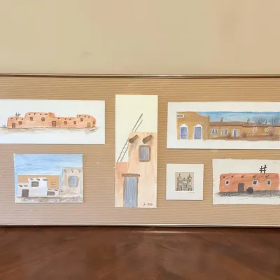 Six Signed Jo Ott Southwestern Adobe Architectural Artworks – Framed Collage