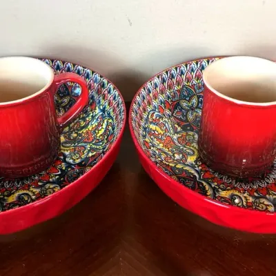 Le Creuset Red Stoneware Mugs & Colorful Paisley Bowls – Set of 4