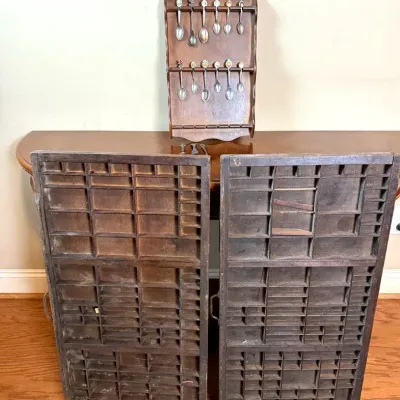 Antique 33” Letterpress Printer’s Typesetting Trays & Vintage Souvenir Spoon Collection