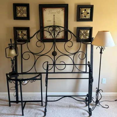 Queen Metal Headboard, Quilt Rack, Console Table, Lamps & Wall Art