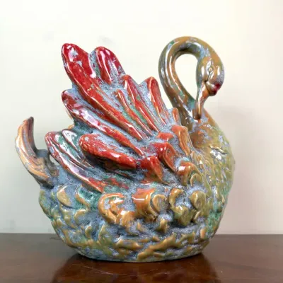 Colorful Majolica-Style Glazed Ceramic Swan Planter with Sculpted Wings