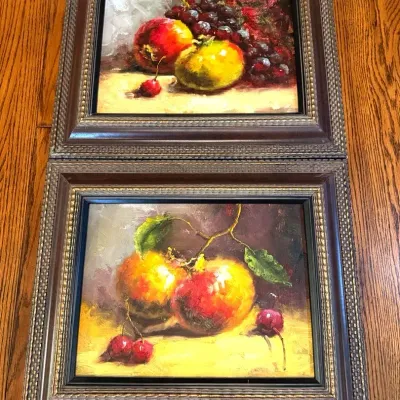 Pair of Framed Still Life Fruit Paintings on Canvas – Textured Impasto Style
