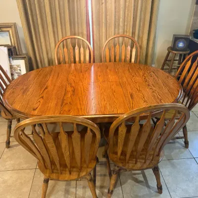Vintage Solid Oak Oval Pedestal Dining Table with Extension Leaf & 6 Windsor Chairs