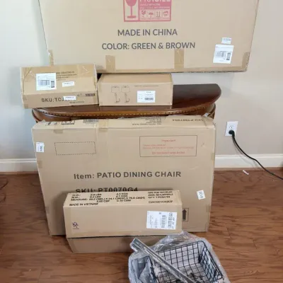 Boxed Home Furnishings – Farmhouse Mirror, Lamps, Patio Chair & Storage
