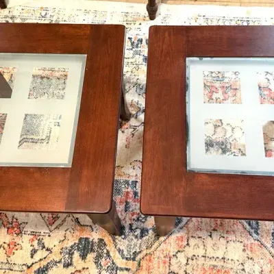 Pair of Cherry-Finish Beveled Glass-Top End Tables – 24 Inches