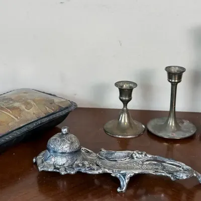 Vintage Silverplate Collection – Silent Butler, Ornate Inkwell, Glass Pen Set & 3 Brass Candlesticks