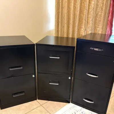 3 Black Metal Locking File Cabinets – Two 2-Drawer, One 3-Drawer & Keys