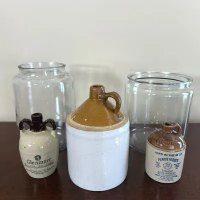 Vintage & Antique Stoneware Whiskey Jugs and Large Glass Storage Jars 