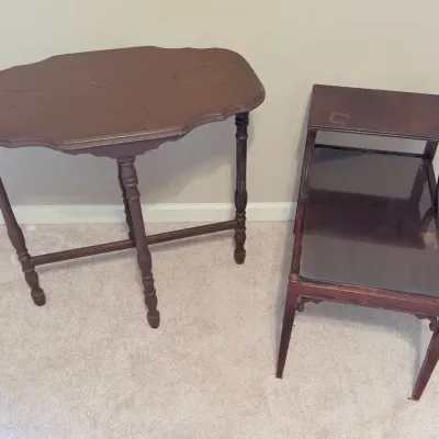 Vintage Wood Occasional Tables – Scalloped Accent Table & Two-Tier Glass Table