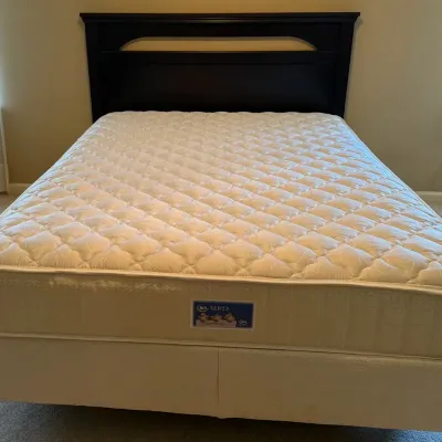 Queen Bed with South Shore Dark Wood Headboard, Serta Sertapedic Cromwell Mattress & Box Foundation