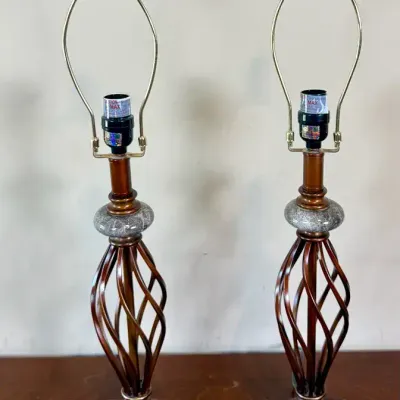 : Pair of Decorative Openwork Table Lamps with Stone Accents & Shades
