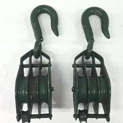 Pair Of Green Vintage Metal Triple Sheave Pulley Blocks 