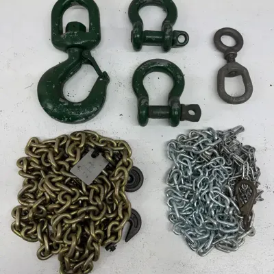 Green Swivel Eye Hoist Hook, 2 Bow Shackle W/ Pins & Two Lengths Of Chain