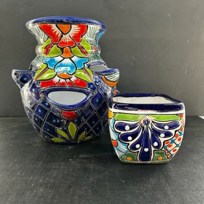 Colorful Mexican Talavera Pottery Strawberry Pot and Planter