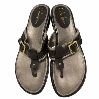 Cole Haan Women's Black Leather Buckle Wedge Sandals