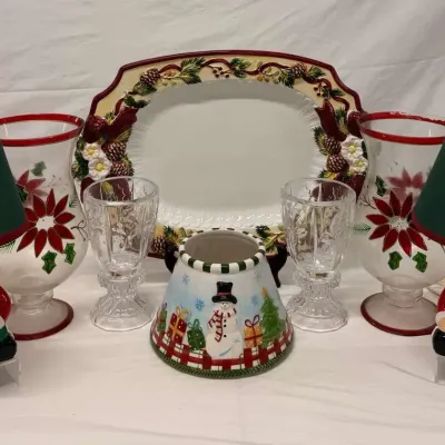 Christmas Holiday Décor – Santa Table Lamps, Poinsettia Glass Hurricanes, Cardinal Serving Platter