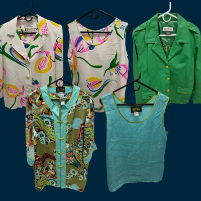 David Hayes Silk Set, Bradley Bayou Leather Jacket & Bob Mackie Silk -Designer Women’s Clothing Lot 