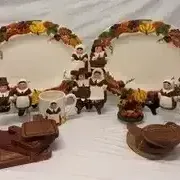 Thanksgiving Ceramic Serving Platters, Pilgrim Figurines, Mini Cutting Boards & Fall Harvest Decor