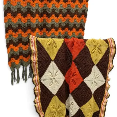 Vintage Handmade Afghan Blanket Pair – Crochet Chevron & Knit Floral Squares